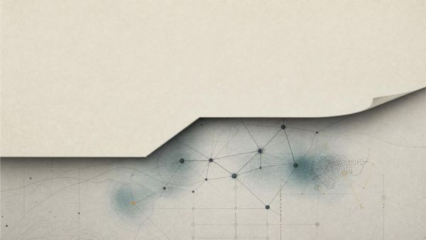 Abstract cutaway of a clean answer surface revealing an evidence-layer graph underneath