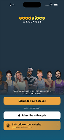 Good Vibes Wellness iPhone app — Sign in and subscribe screen