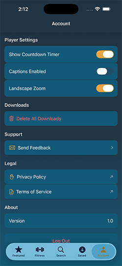 Good Vibes Wellness iPhone app — Account and settings screen