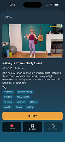 Good Vibes Wellness iPhone app — Workout detail with tags and download