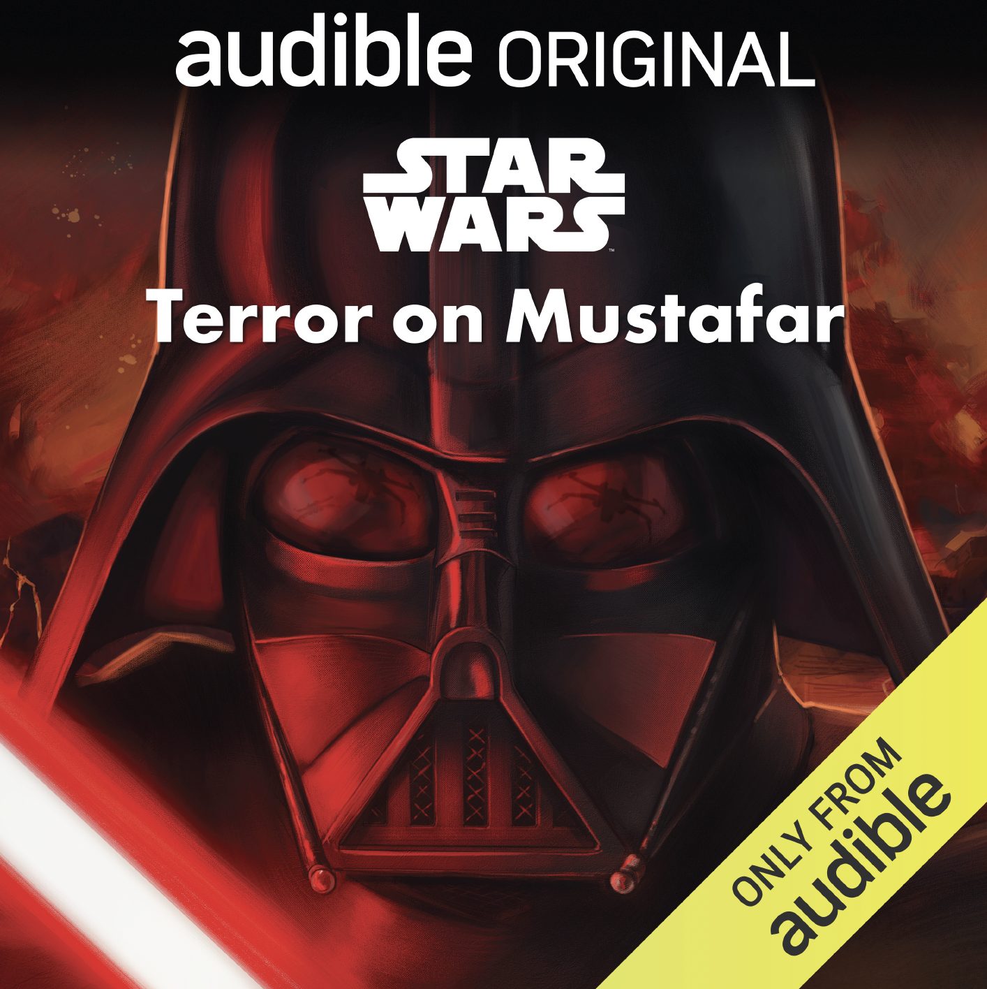 Jake Bartok's cover for Terror on Mustafar featuring an extreme close up of Darth Vader and his blazing red lightsaber