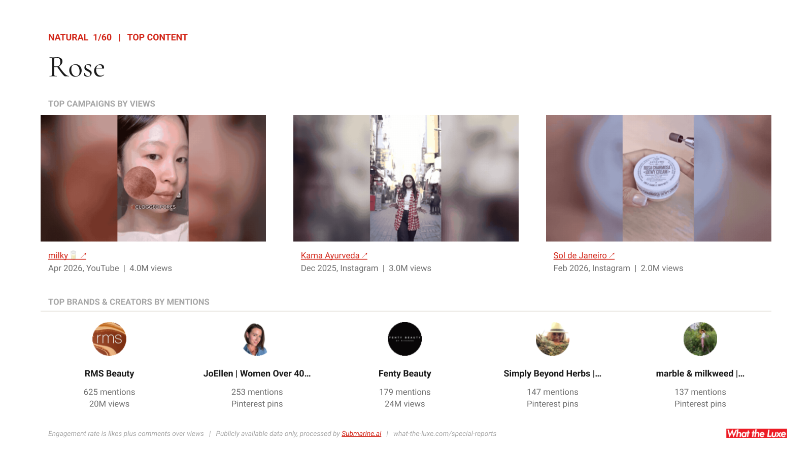 One of the 120 profiles: the three biggest campaigns with the videos playing, and the accounts naming the ingredient most.