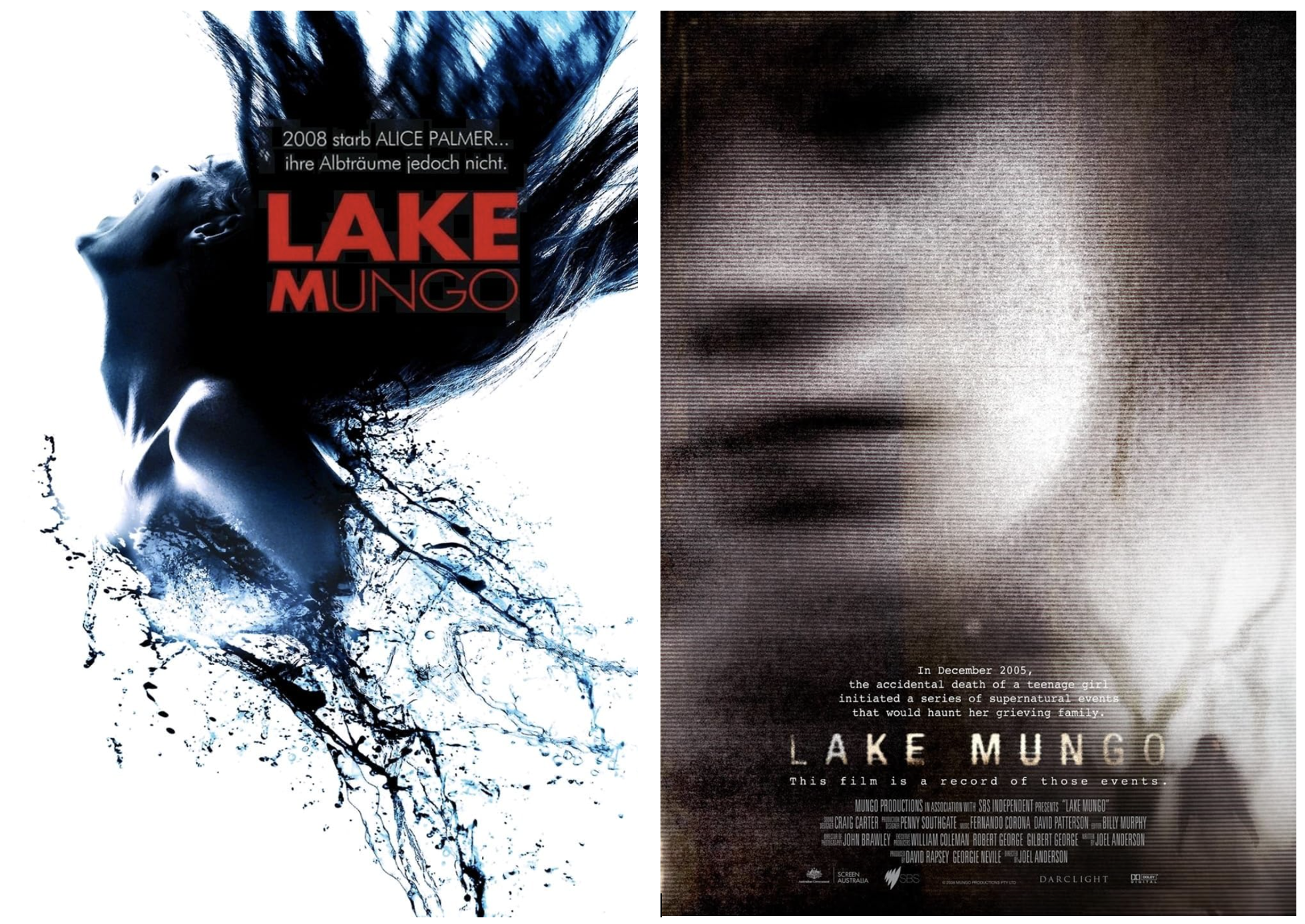 Two movie posters for Lake Mungo. Left shows a woman screaming, hair and water sprayed around her. Right shows a face emerging from the distortion of an old TV screen.
