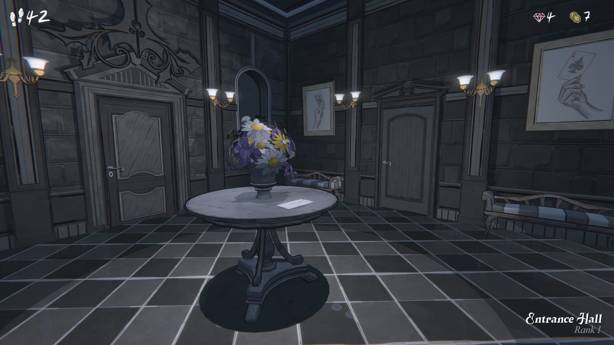 Screenshot from a video game showing a room with a pot of flowers on a table, with two doors in the background.