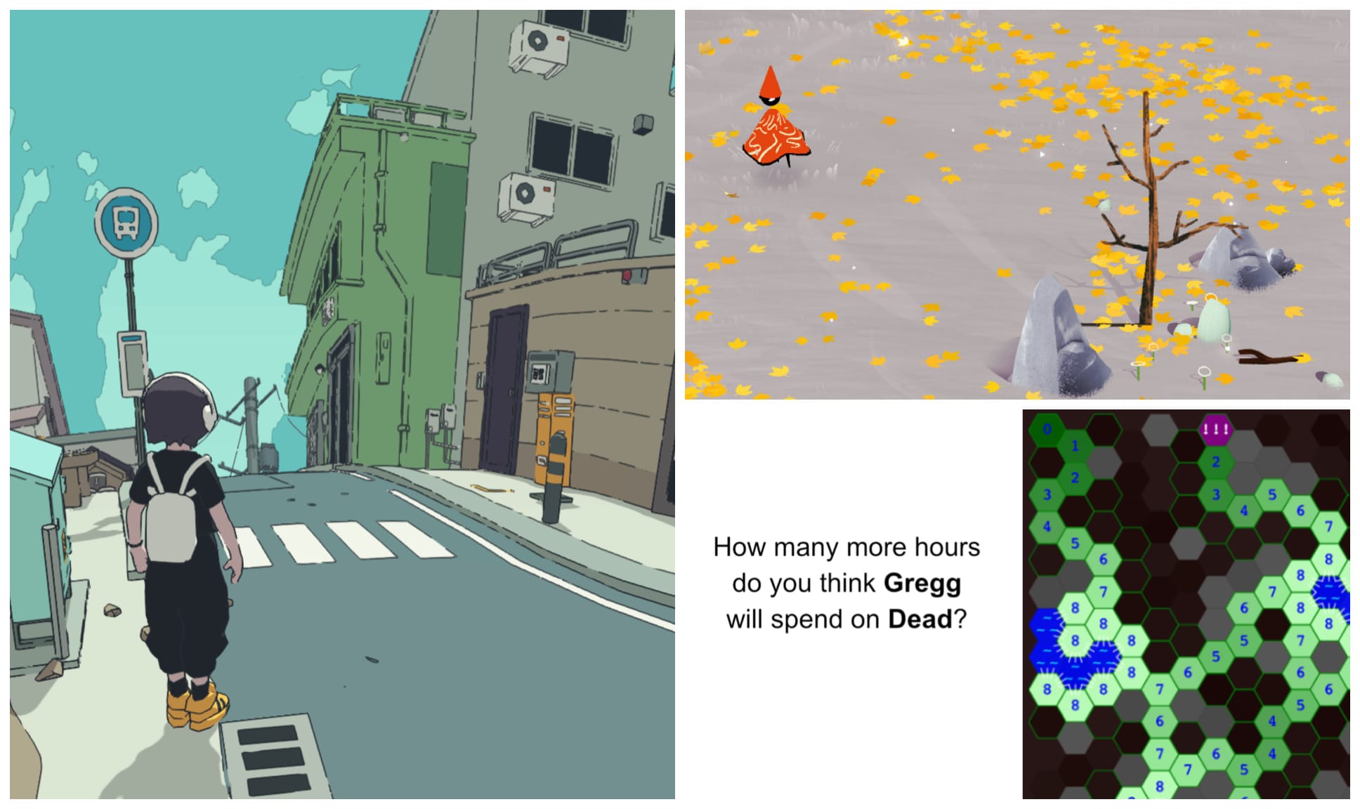 Grid of four images, showing screenshots for Messenger, Wayfinder, and hexplant. One has the phrase, "How many more hours do you think Gregg will spend on Dead?"