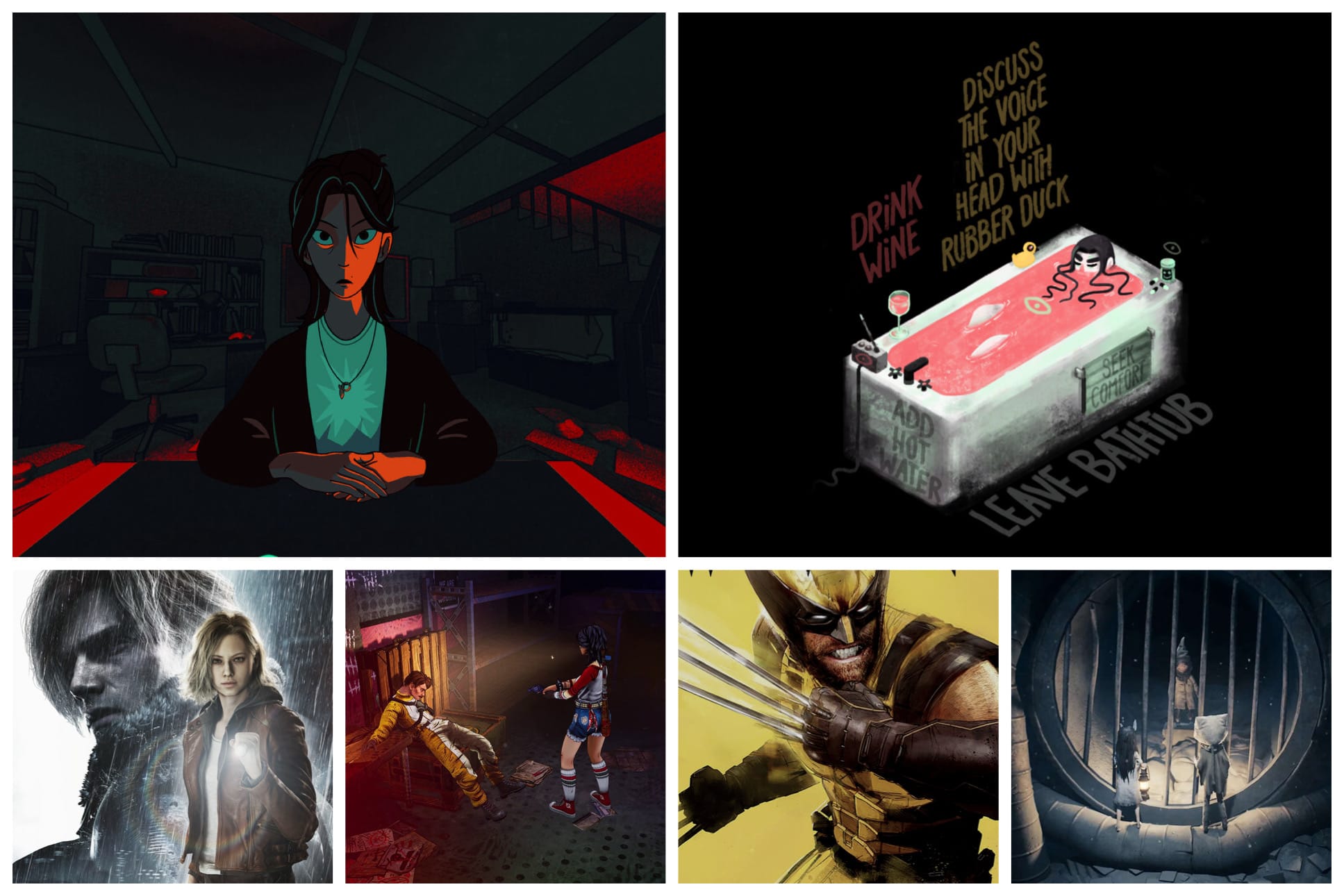 Grid of six images from the games Am I Nima, Psychotic Bathtub, Resident Evil Requiem, I Hate This Place, Marvel's Wolverine, and Reanimal.