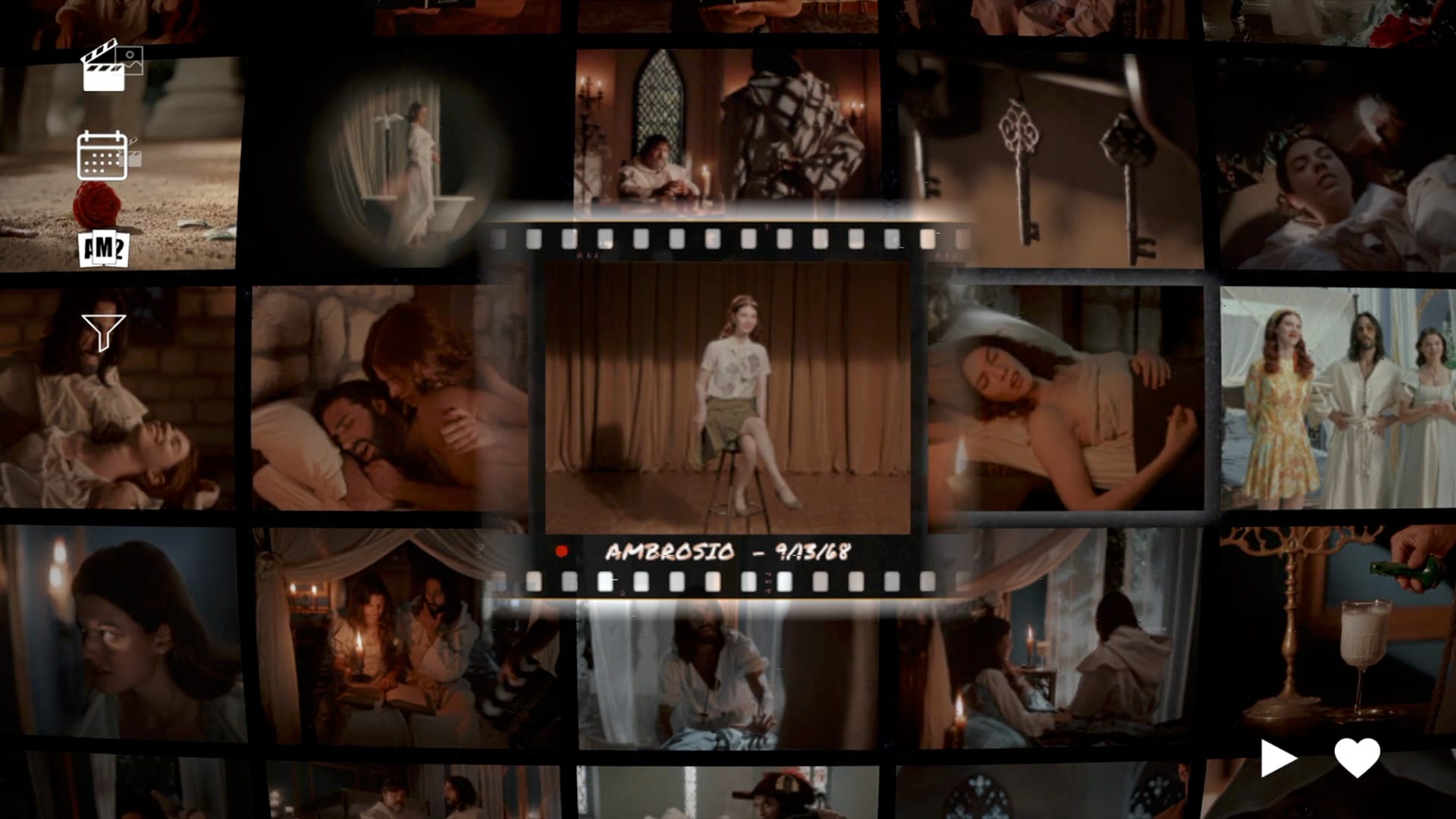 Screenshot from a game showing an array of video clips that can be selected. One at the center, showing a woman perched on a stool, is highlighted.
