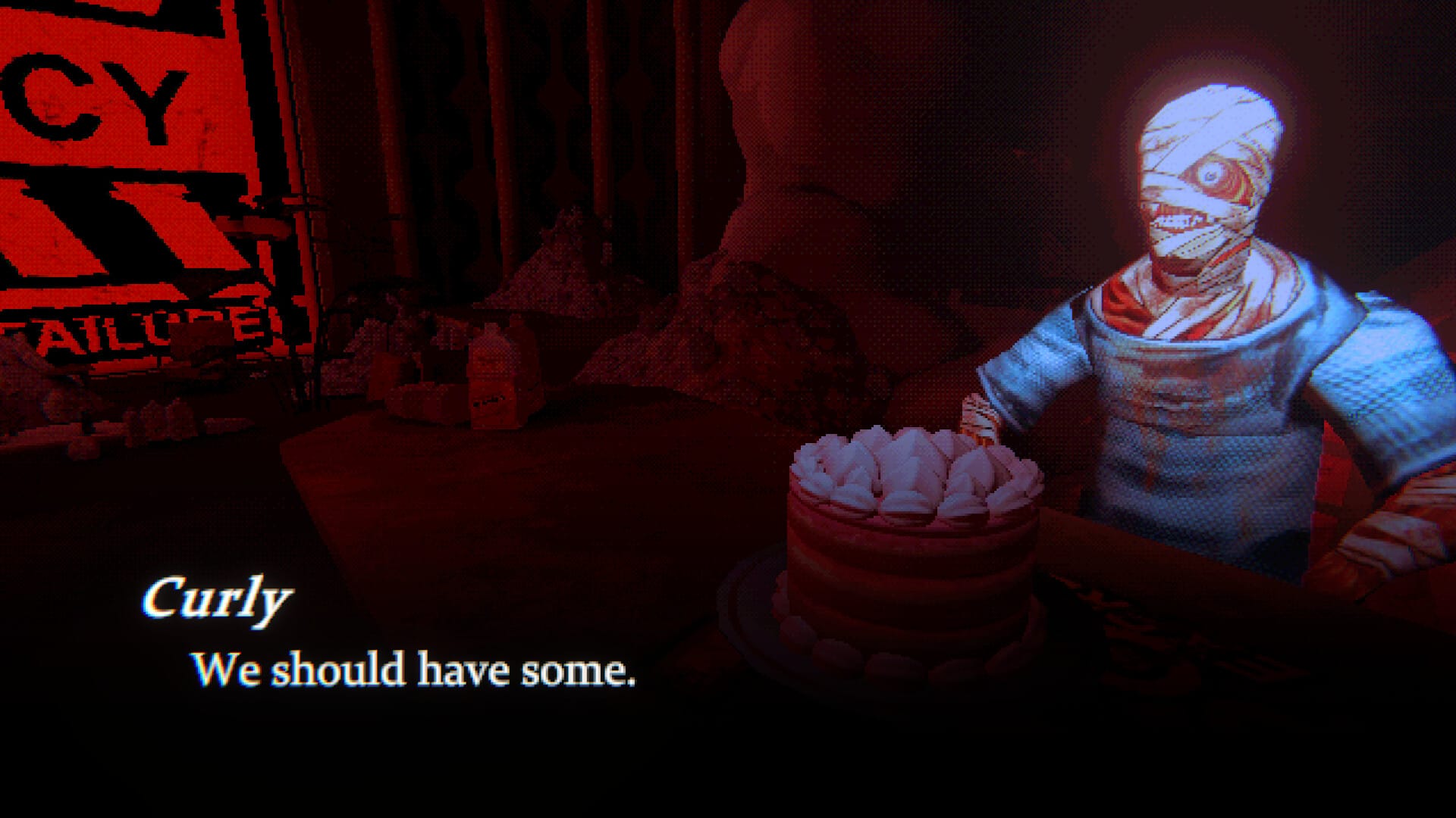 Screenshot from a game, showing a man covered in bandages sitting before a birthday cake. Curly says, "We should have some."