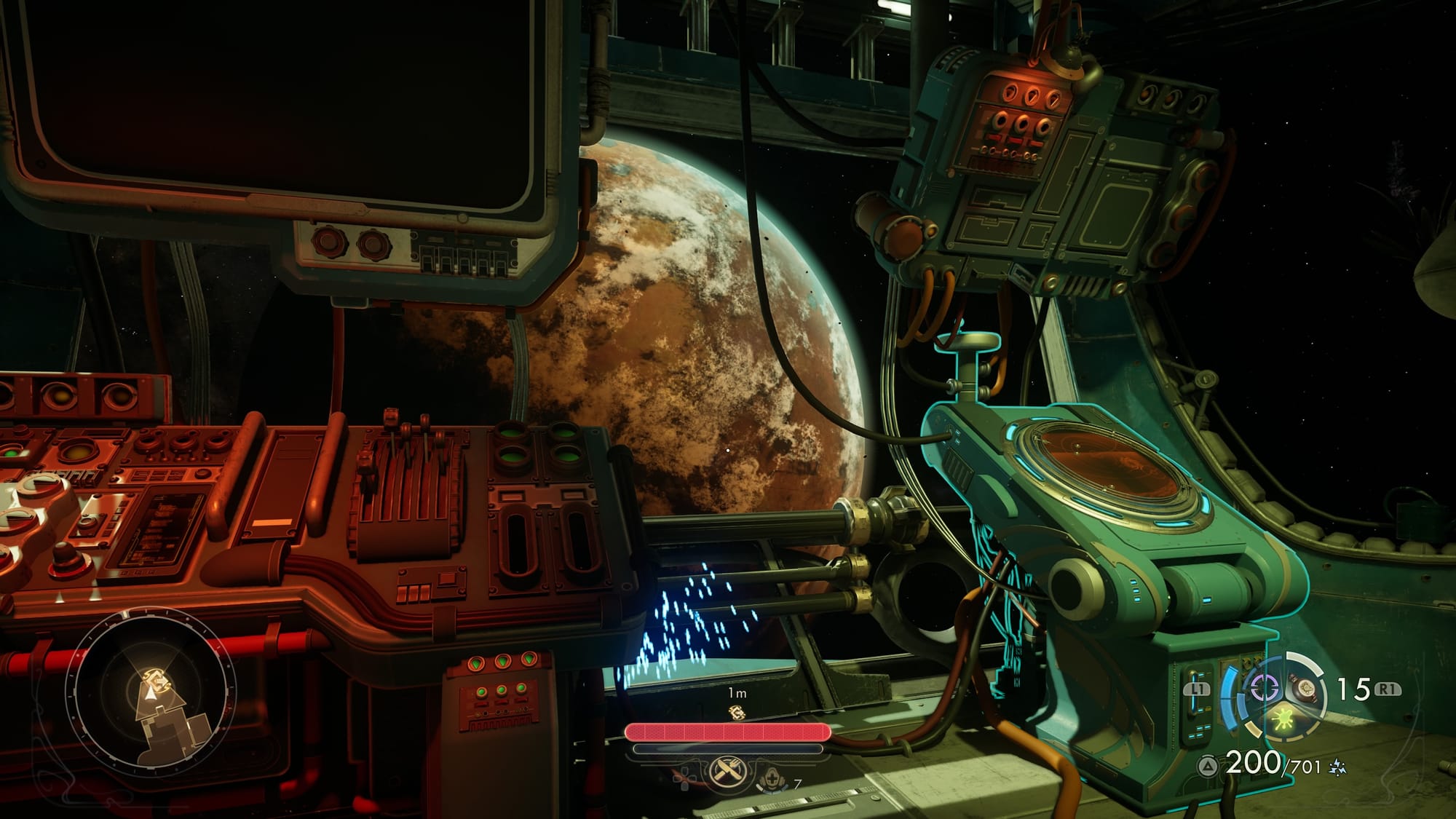 Screenshot from a video game showing the cockpit of a space ship. A giant window shows a glowing brown planet below.