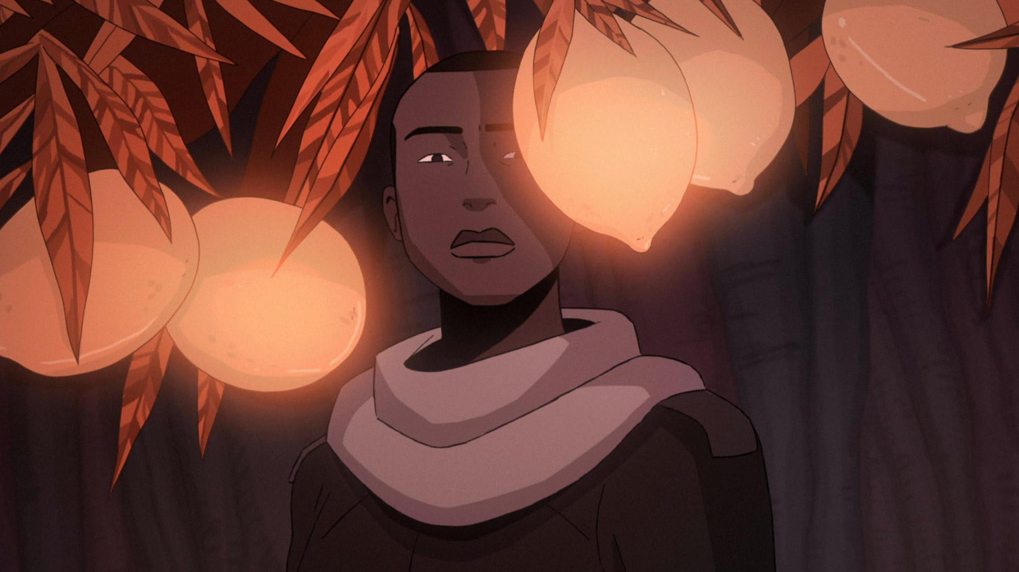 Animated still showing a woman stands amid branches laden with glowing golden fruit.