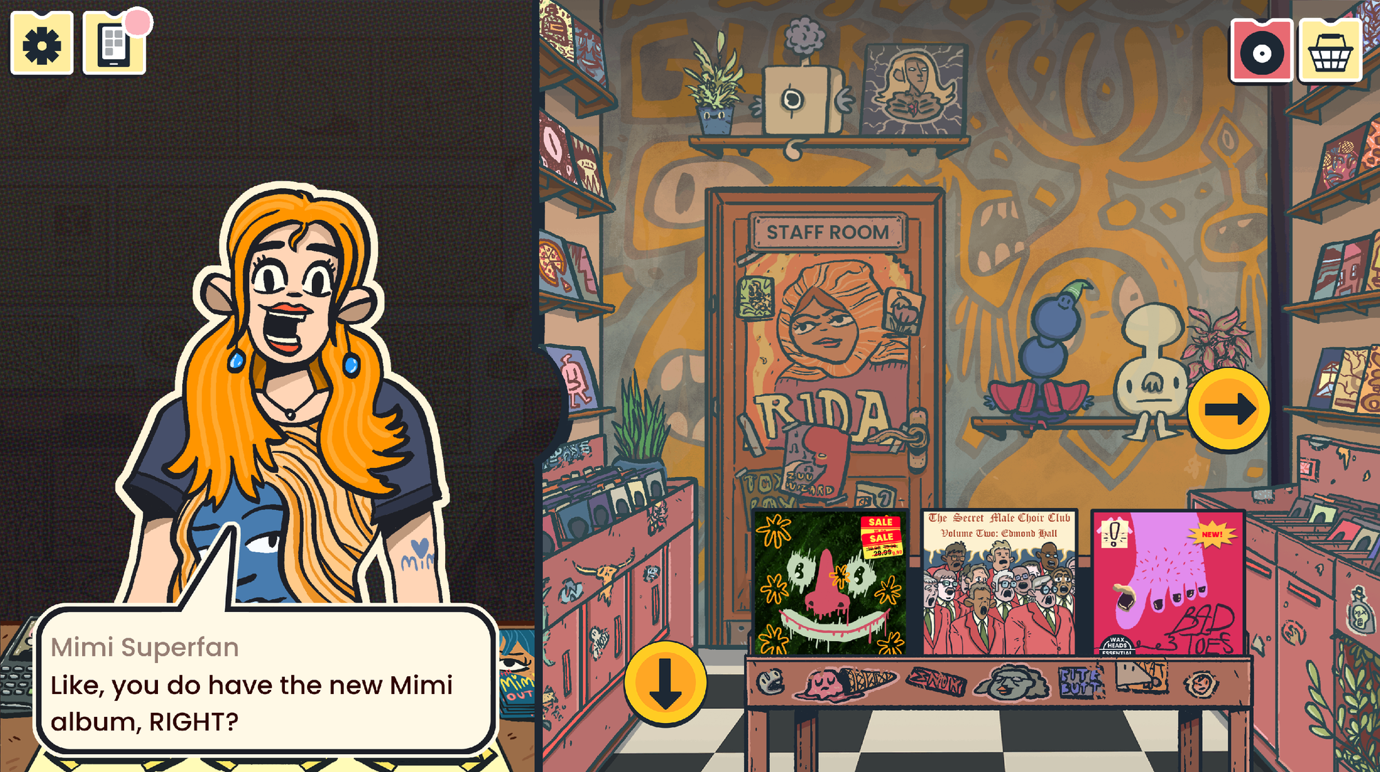 Video game screenshot. On the left is a young woman described as "Mimi Superfan," who is asking "Like, you do have the Mimi album, RIGHT?" On the right is the record store, where you can search for the correct album.