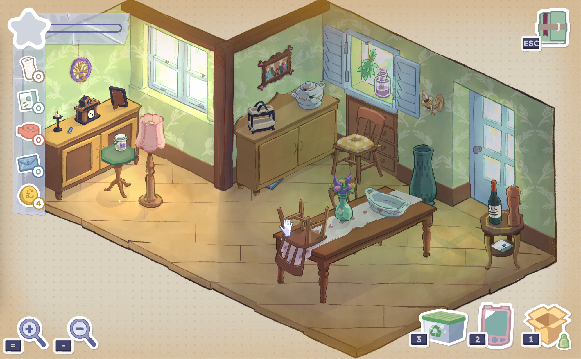 Video game still showing a room from an asymmetrical perspective, like a dollhouse. Symbols around the edges show the different ways to interact.