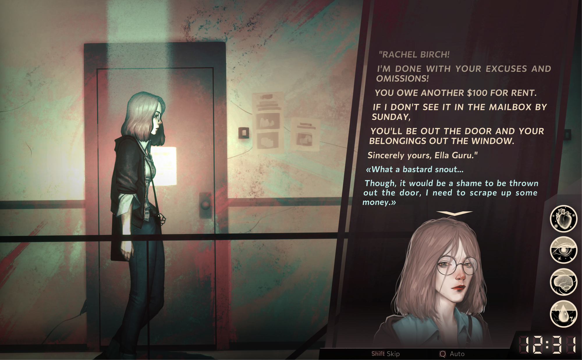Video game still, showing a young woman with short blonde hair, slouching by a door on the left. On the right is an illustration of her face covered in strands of messy hair with the flow of dialog above. The last line reads, "What a bastard snout... Though, it would be a shame to be thrown out the door, I need to scrape up some money."