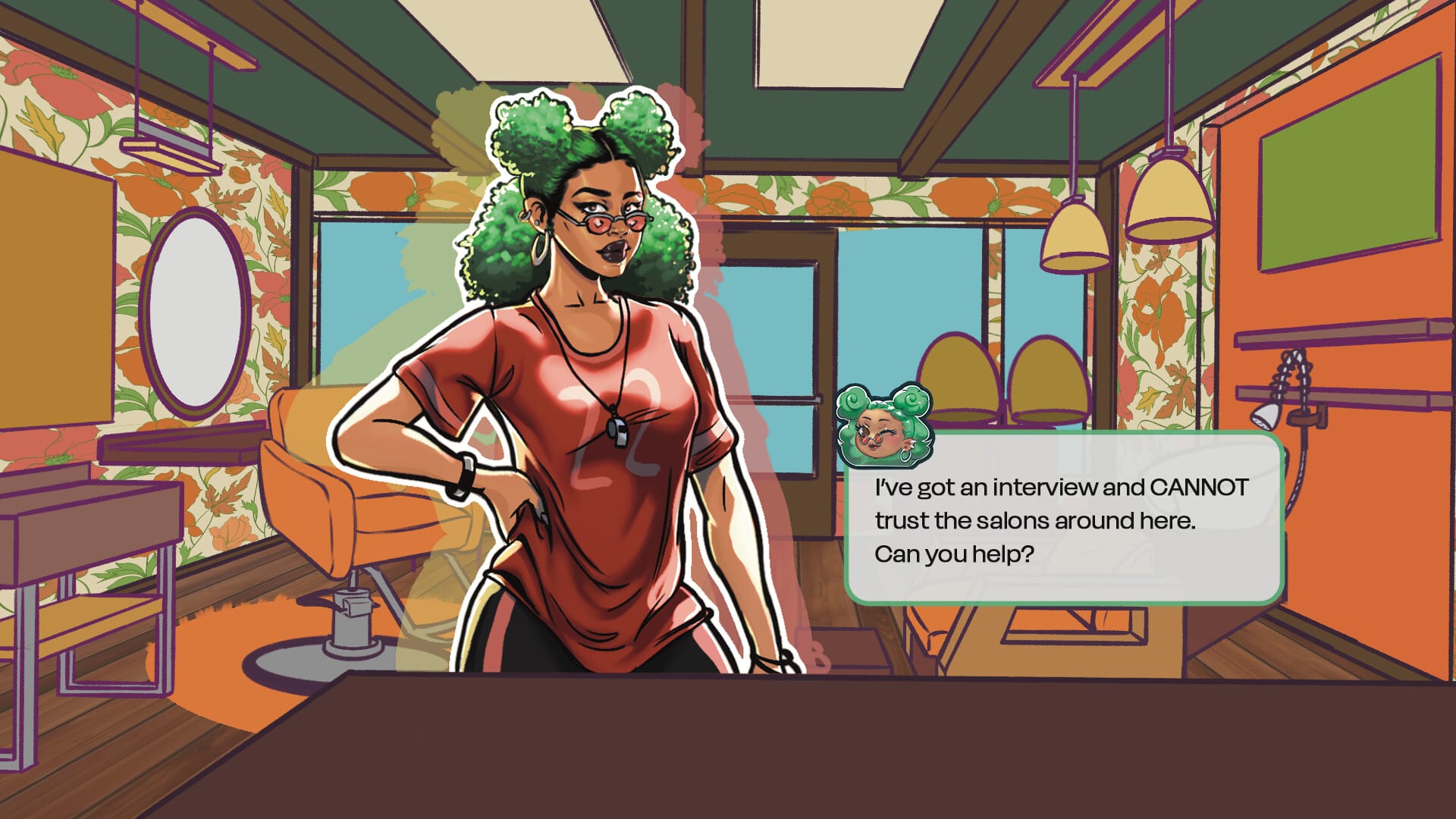A black woman with curly bright green hair put up in space buns stands in a hair salon. She says, "I've got an interview and CANNOT trust the salons around here. Can you help?