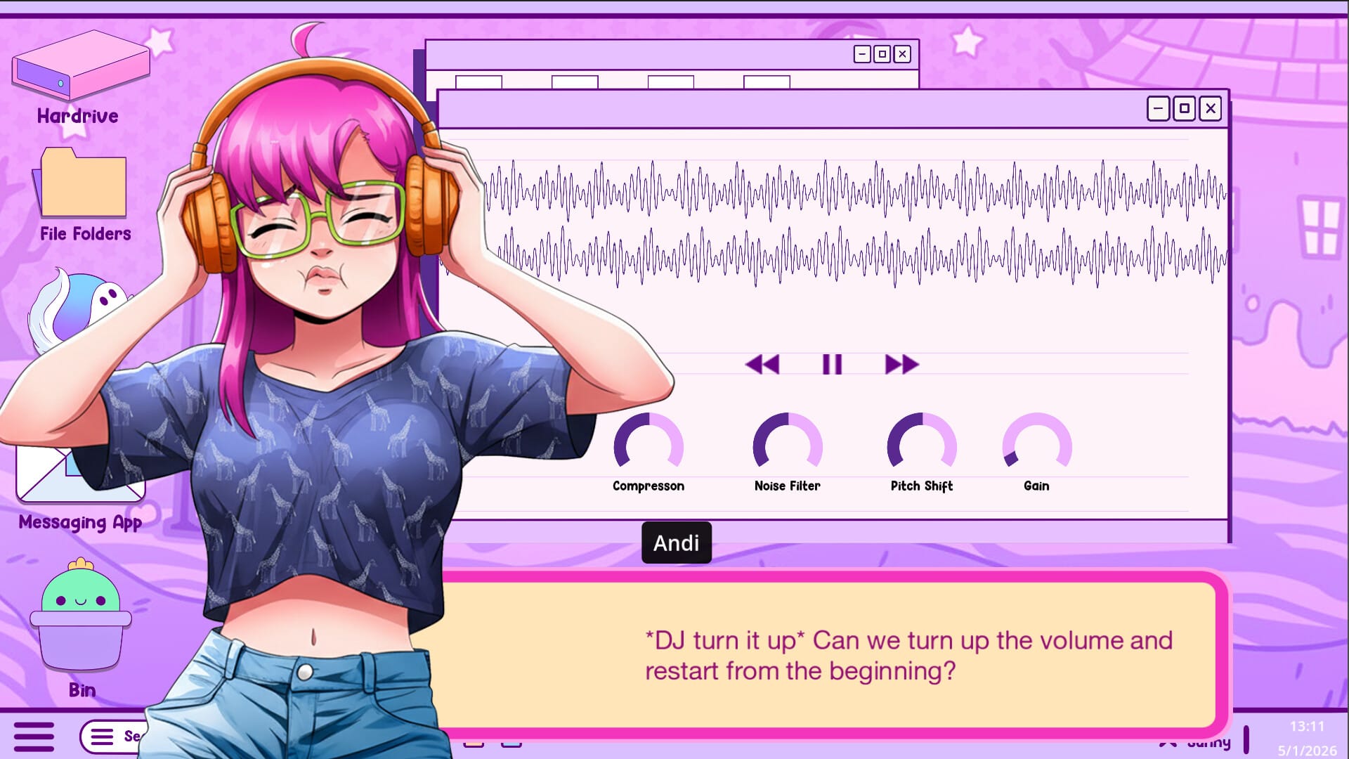 Against a bright pink background a woman with bright pink hair presses her headphones into her ears. Behind her is an audio file. She says, "DJ turn it up. Can we turn up the volume and restart from the beginning?"