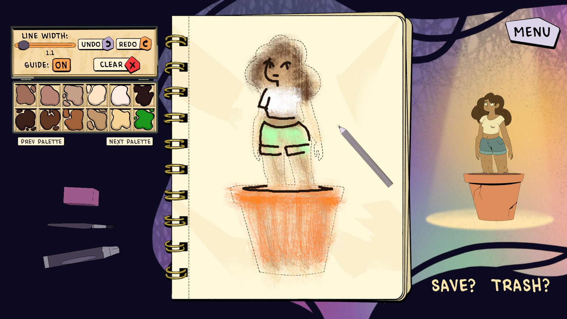 Gameplay screenshot showing a drawing pad with a rough sketch. The color palate and drawing tool options are on the left, while the object the player is drawing (a woman growing out of a clay pot) is on the right.