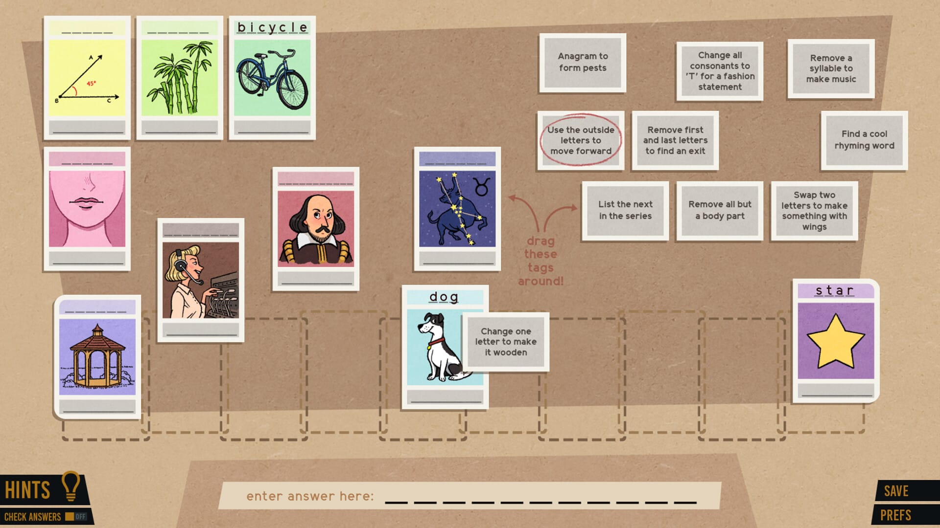 A screen of a puzzle, showing various cards that need to be connected with descriptions.