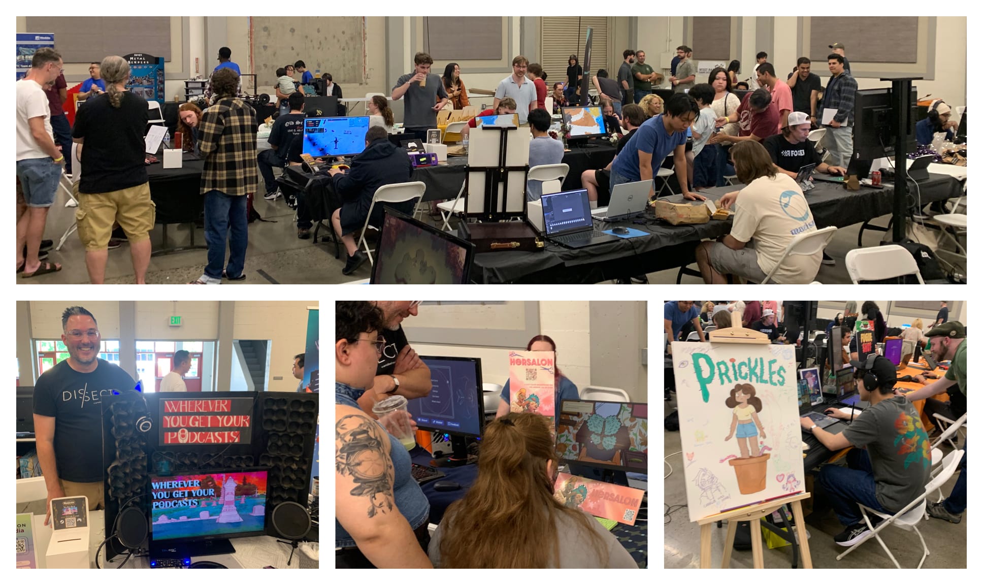 A grid of four photos shows a wide few of people exploring various tables with video game demos on them. Bottom row of three images is described in the caption.