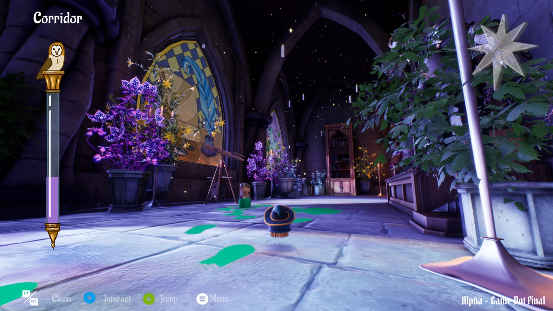 Screenshot from a 3D game, showing a floating scrub brush in a wizard's hat roaming castle halls and cleaning up green footprints. 