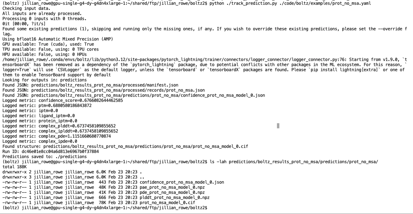 MLflow Runs Tab showing tracked Boltz2 predictions with parameters and metrics