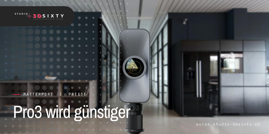 Matterport Pro3 LiDAR-Kamera auf Stativ in einem Bürogebäude, mit dem Schriftzug «Pro3 wird günstiger» und dem Logo von STUDIO 3DSIXTY.