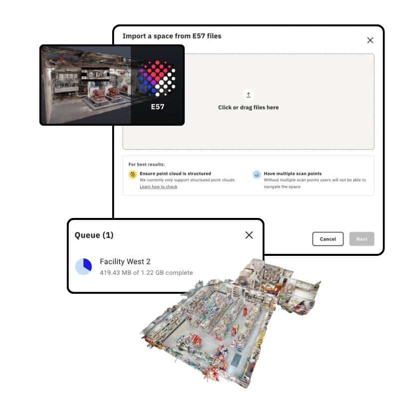 Matterport E57 Import: Punktwolke einer Halle wird zum navigierbaren 3D-Zwilling