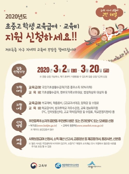 2020년 초․중․고 학생 교육급여·교육비 신청하세요!