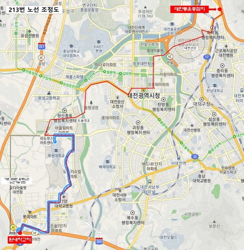 대전시 시내버스 213번, 노선조정 운행