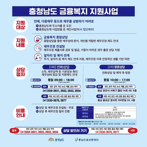 빚, 연체, 추심으로 힘들 땐 충청남도 금융복지상담센터로 전화하세요