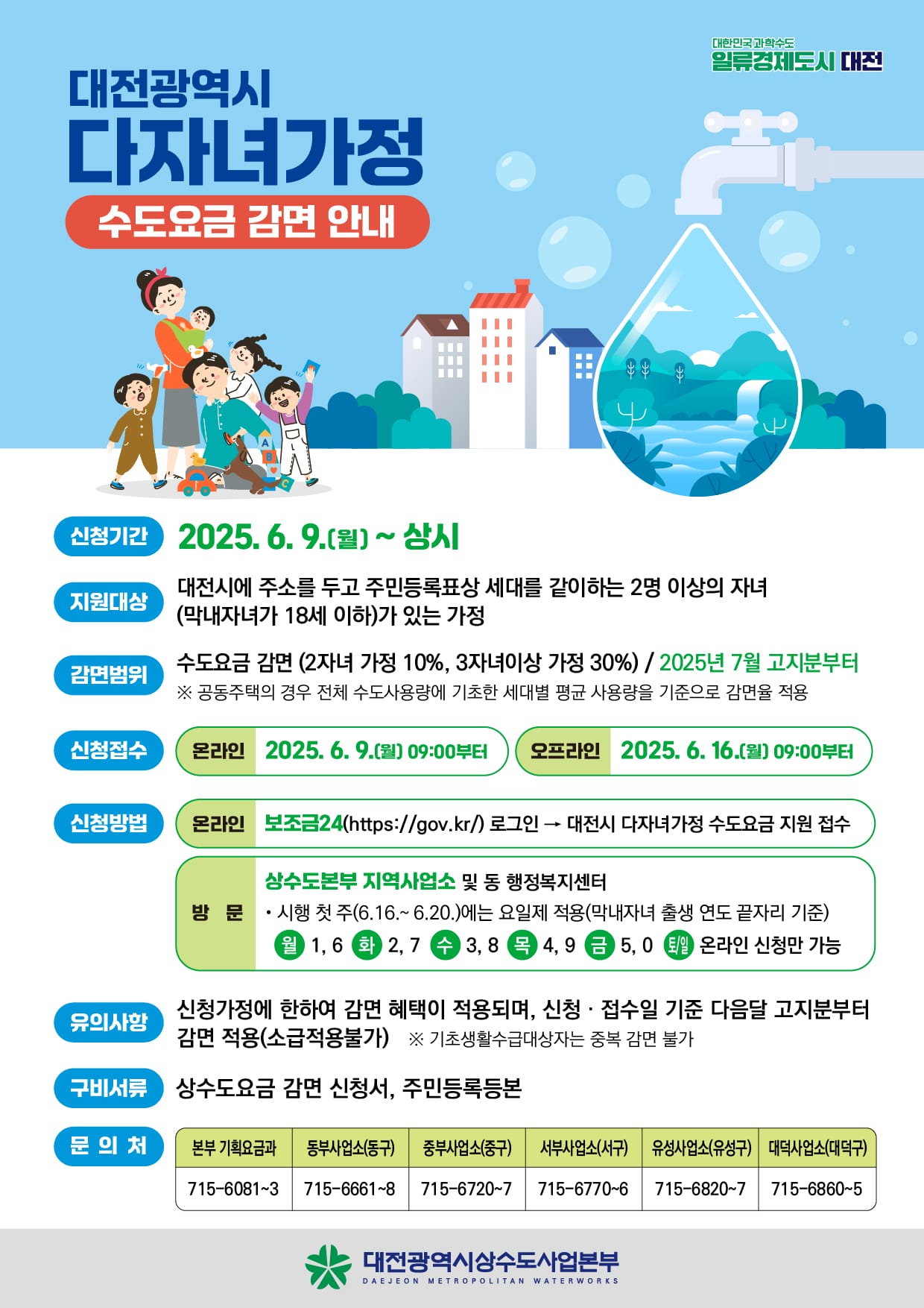 대전시, 7월부터 다자녀가정에 수도요금 감면 혜택 ... 7월 요금 고지분부터 혜택