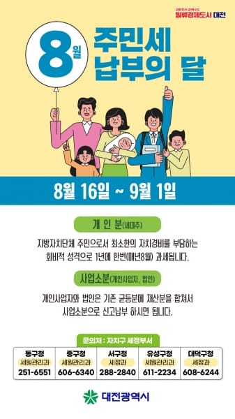 대전시, 8월은 주민세 납부의 달