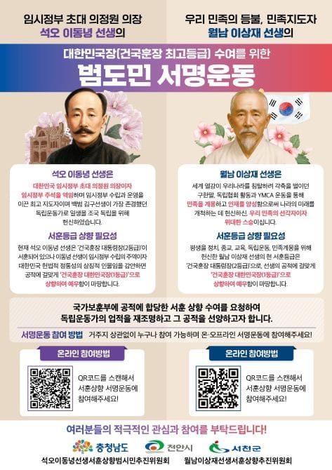 충남 대표 독립운동가 이동녕·이상재 서훈 상향 추진