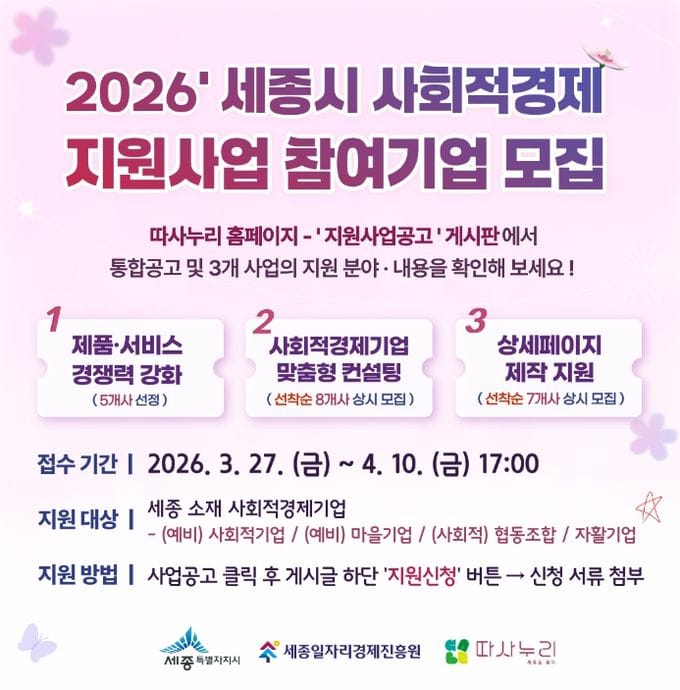 세종일자리경제진흥원, 사회적경제 지원사업 참여기업 모집