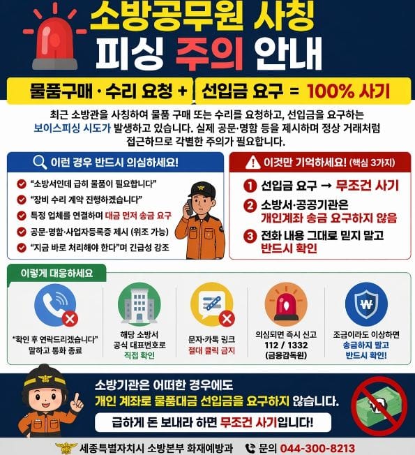 세종시 소방본부, 소방관 사칭 보이스피싱 시도 주의 당부