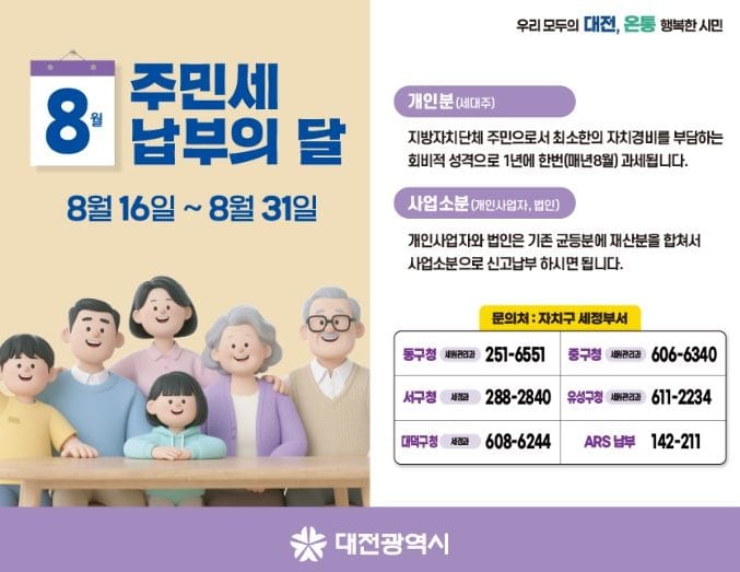 대전시, 8월은 주민세 납부의 달