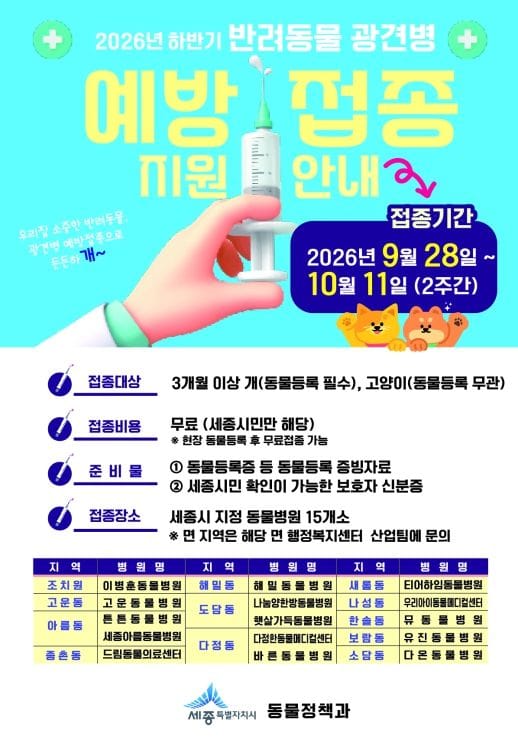 세종시, 하반기 반려동물 광견병 예방백신 무료 지원