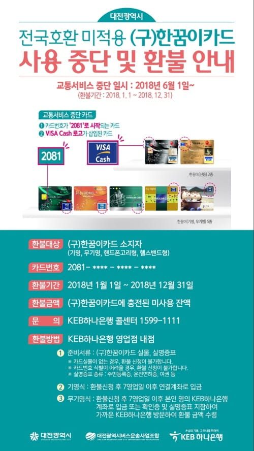 구형 한꿈이 교통카드 사용중단 및 환불 안내 post image