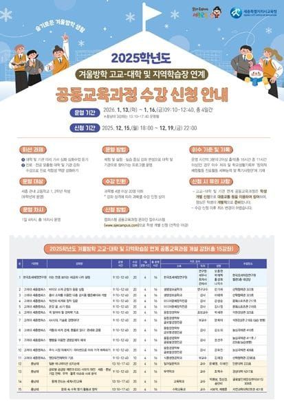 세종시교육청 슬기로운 겨울방학 생활, 고교·대학·지역학습장 연계 공동교육과정 운영 post image