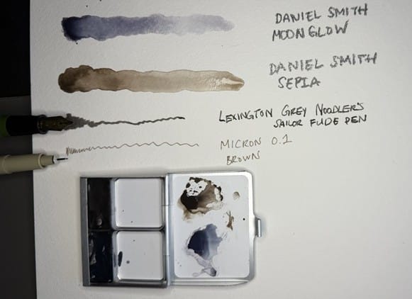 Not shown: Black Pentel Brush pen. Shown: swatches of 2 watercolors and 2 pens, plus a mini watercolor palette