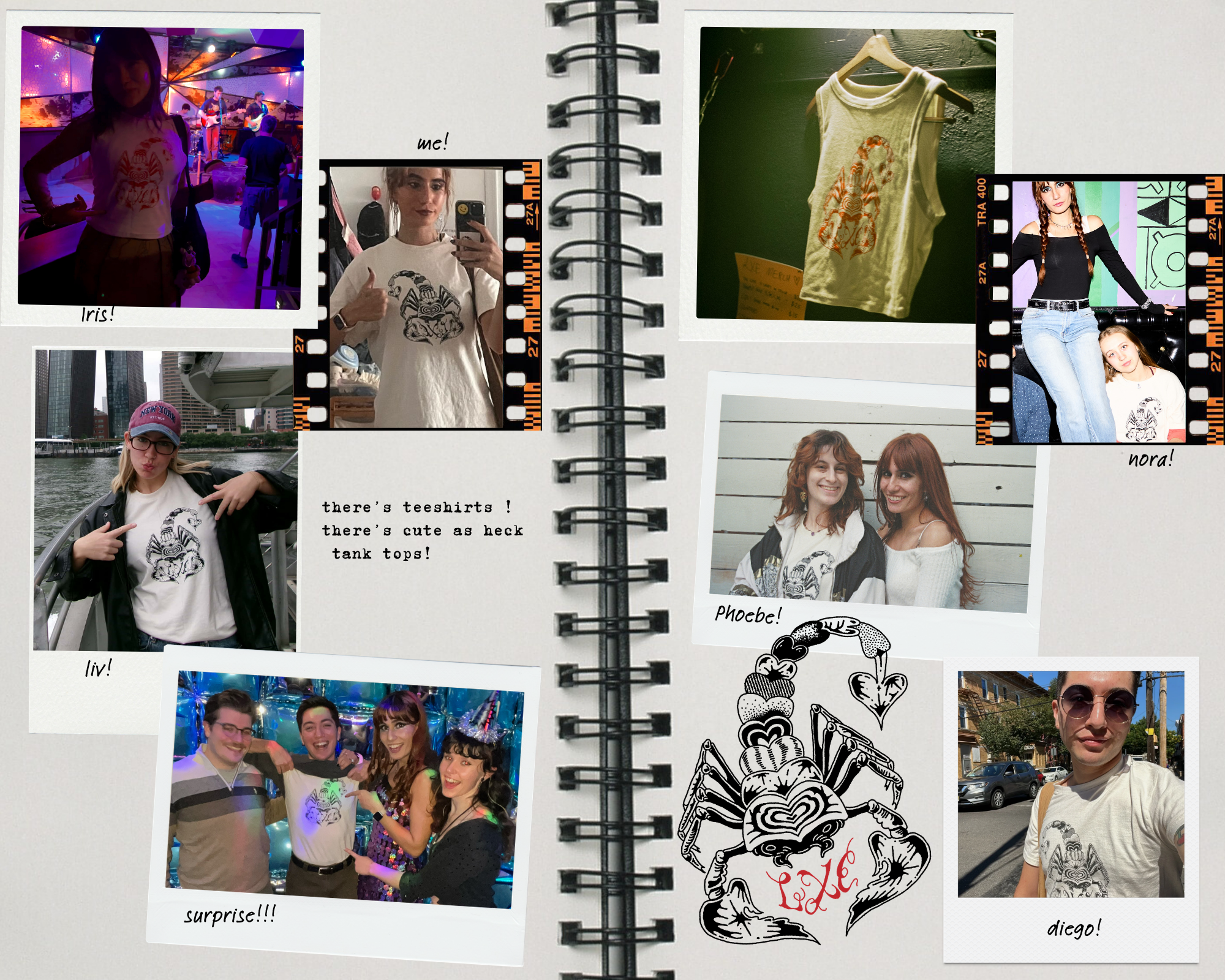 A scrapbook collage of Lexee and her friends wearing LXE teeshirts and tank tops