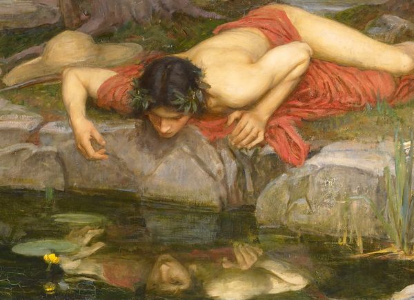 Image of the Greek story of Narcissus, a man looking at his own reflection in a pond 