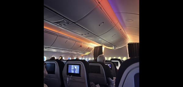 Inside seats of an airplane with people watching movies on the screens taken by Lex on her iPhone flying to New Zealand in 2023