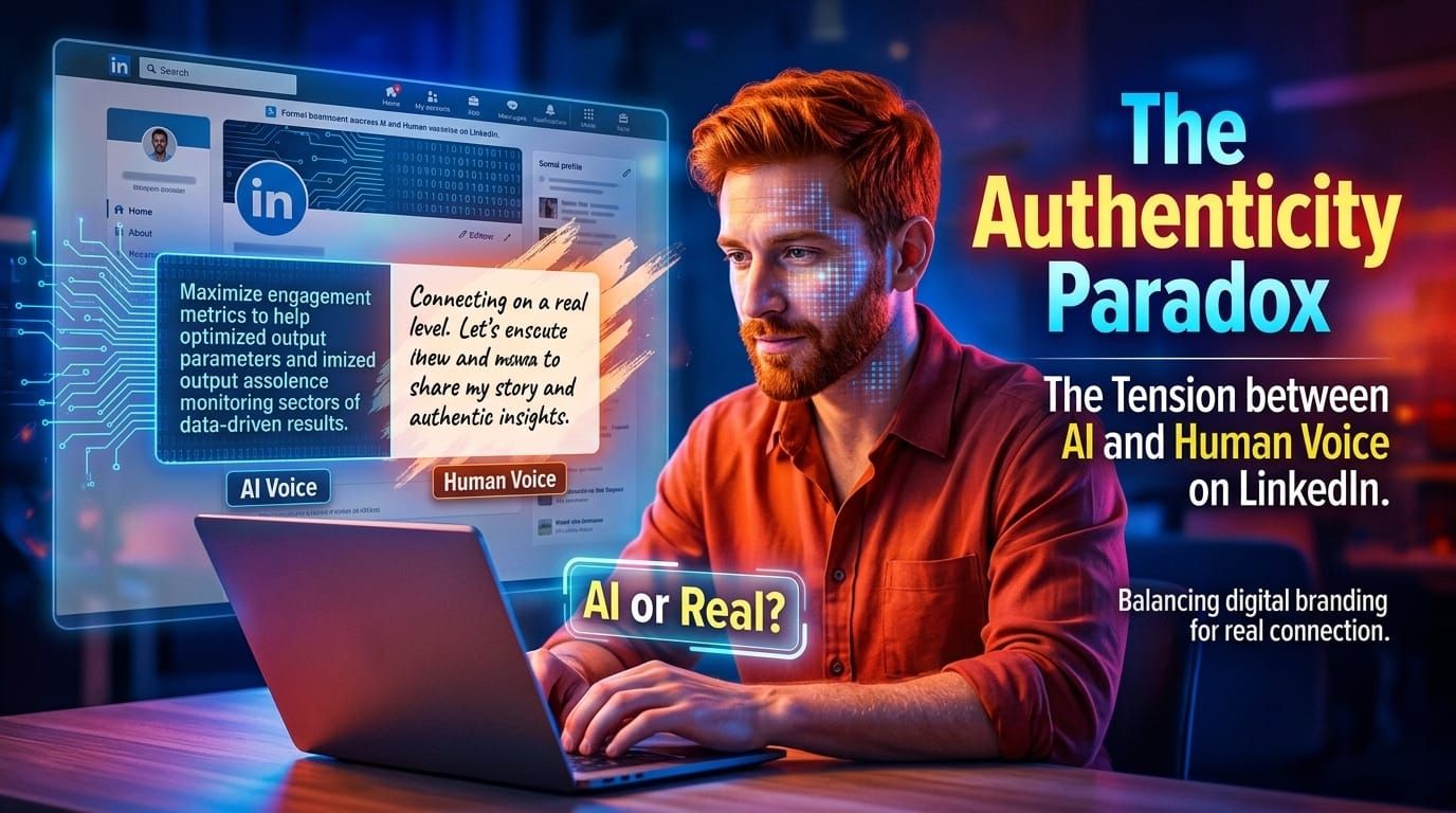 The Authenticity Paradox: A person torn between digital AI patterns and authentic human expression, representing the tension in LinkedIn content creation