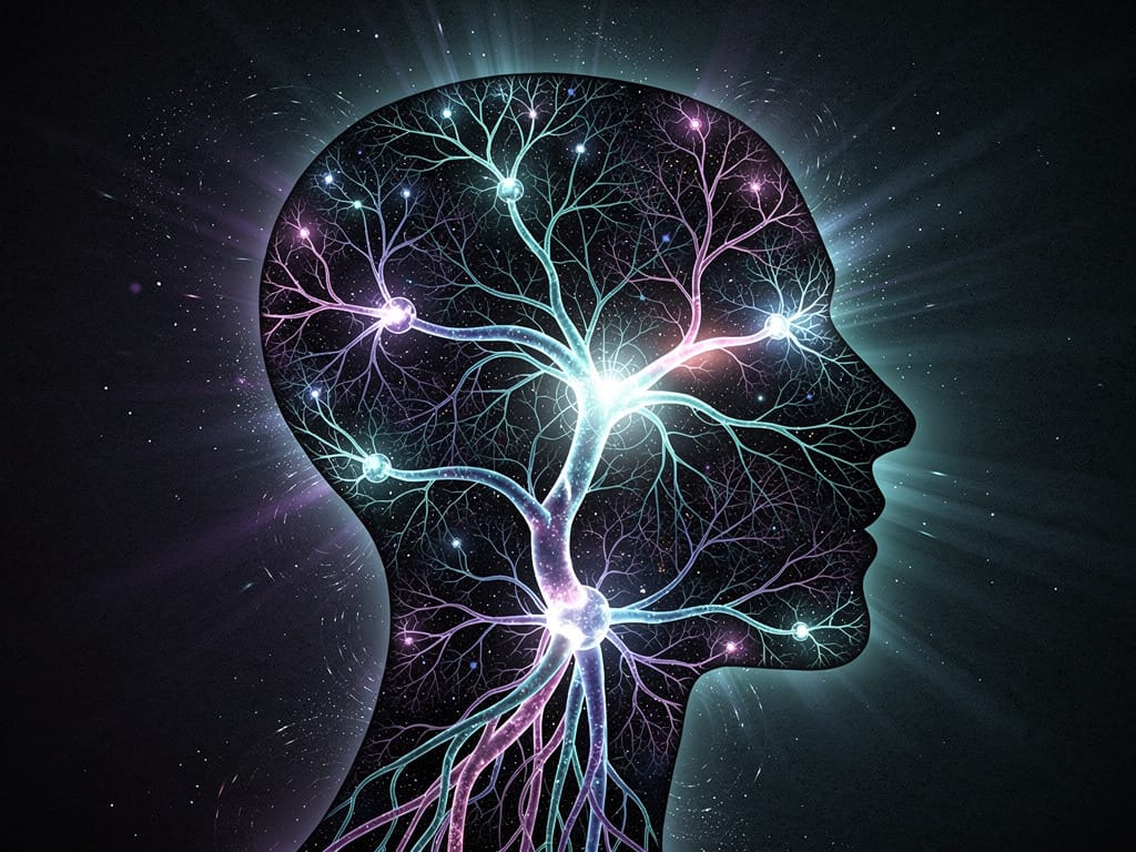 Glowing neural pathways representing the brain's filtering system