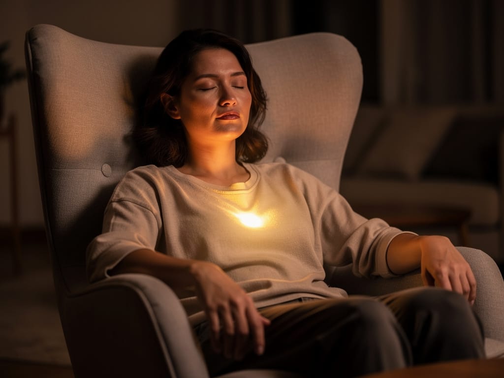 A person meditating with a warm glow from their heart