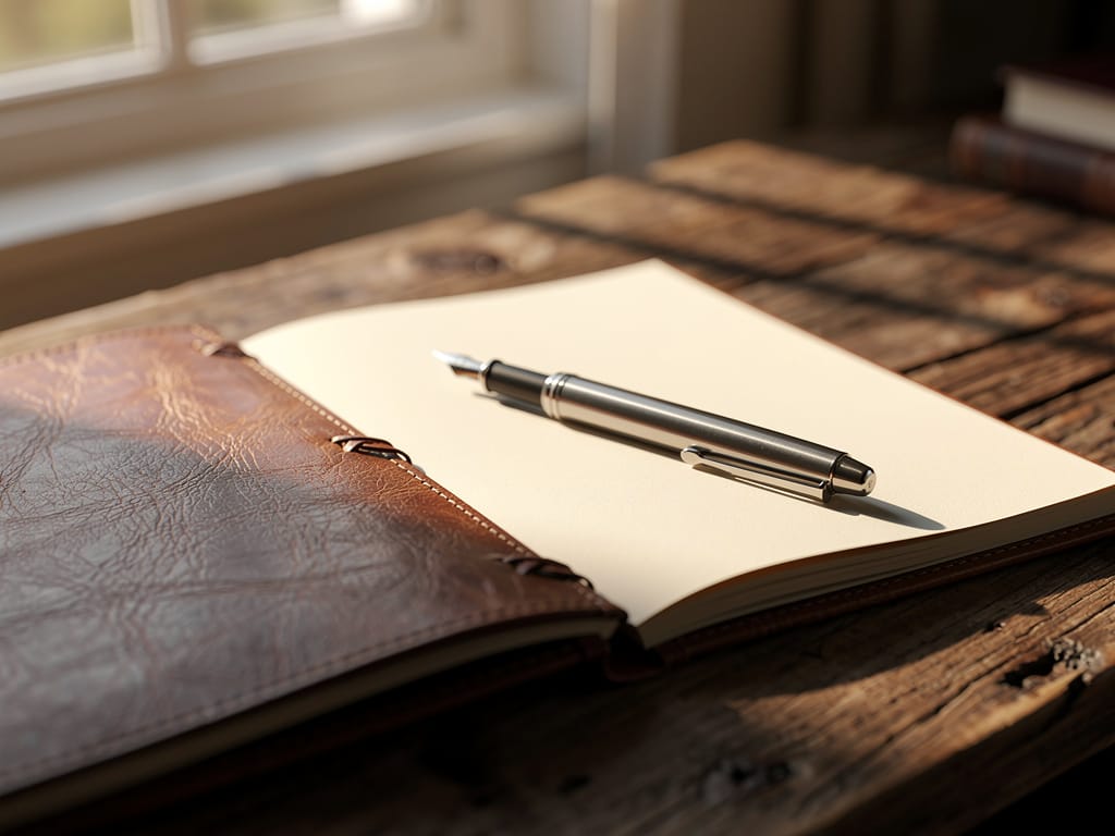 A leather journal and pen on a sunlit wooden desk