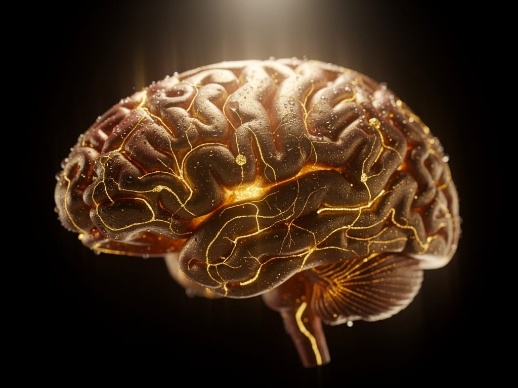 Glowing human brain with active neural pathways in the dark