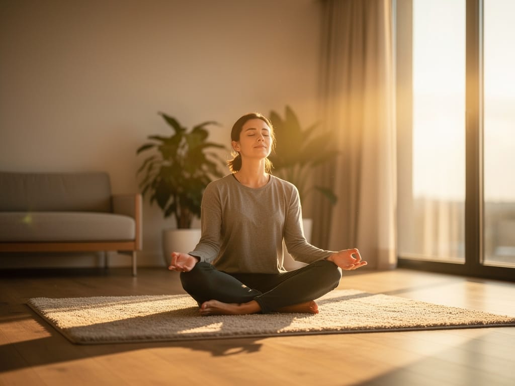 Person meditating in a sunlit room during golden hour