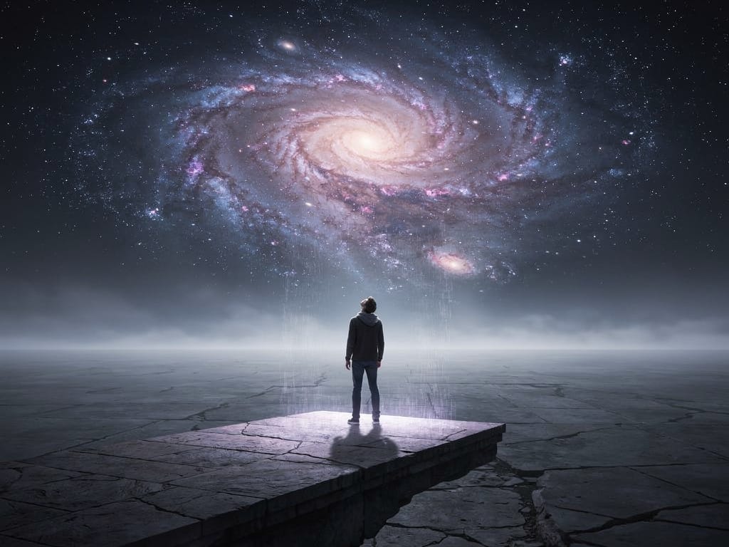 A person at the edge of a plateau looking at a galaxy.