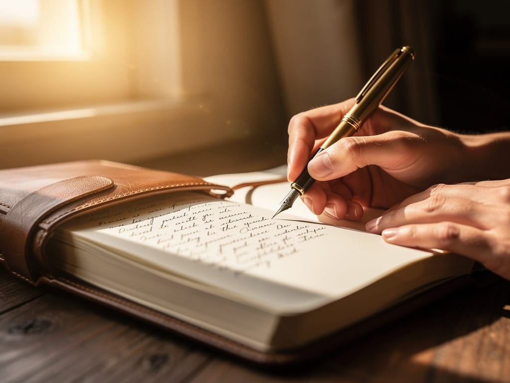 Hands writing in a sunlit journal to manifest goals